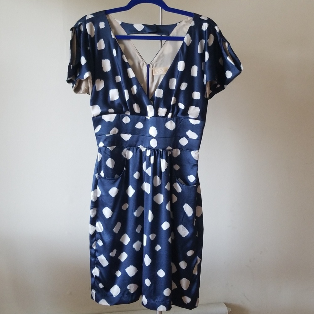 BDBA 100% silk blue dress w/white spots